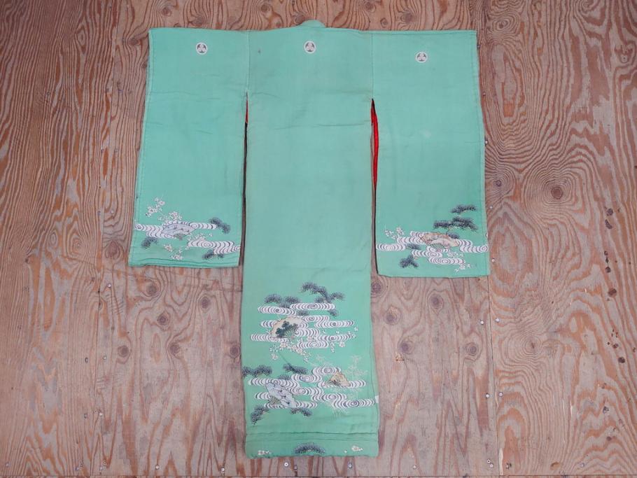 大正〜昭和初期　縮緬(ちりめん)　松竹梅　鶴　扇子　子供着物　振袖(子ども、古布、リメイク、衣装、Japanese KIMONO)(R-076755)