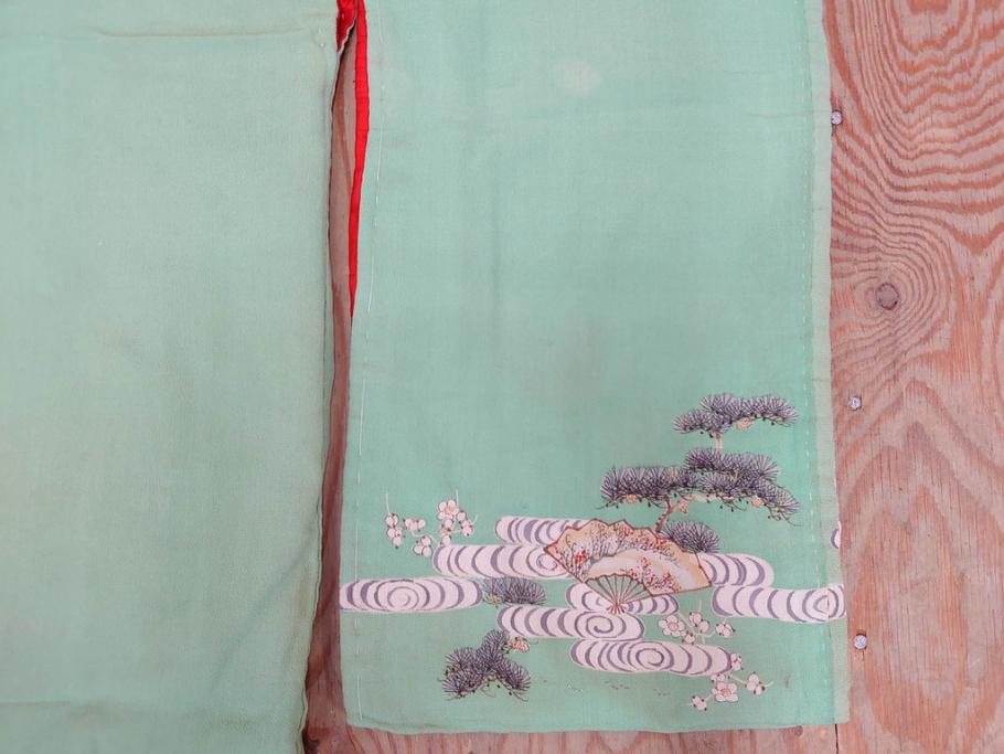 大正〜昭和初期　縮緬(ちりめん)　松竹梅　鶴　扇子　子供着物　振袖(子ども、古布、リメイク、衣装、Japanese KIMONO)(R-076755)