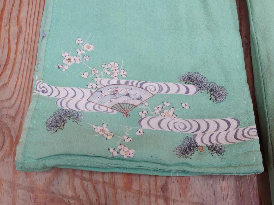 大正〜昭和初期　縮緬(ちりめん)　松竹梅　鶴　扇子　子供着物　振袖(子ども、古布、リメイク、衣装、Japanese KIMONO)(R-076755)