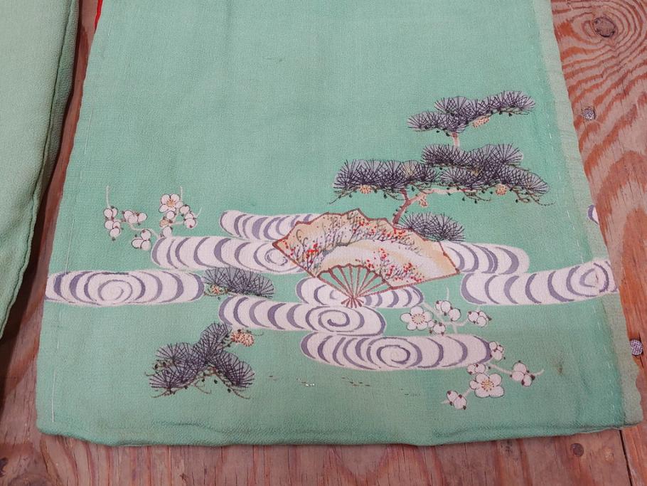 大正〜昭和初期　縮緬(ちりめん)　松竹梅　鶴　扇子　子供着物　振袖(子ども、古布、リメイク、衣装、Japanese KIMONO)(R-076755)