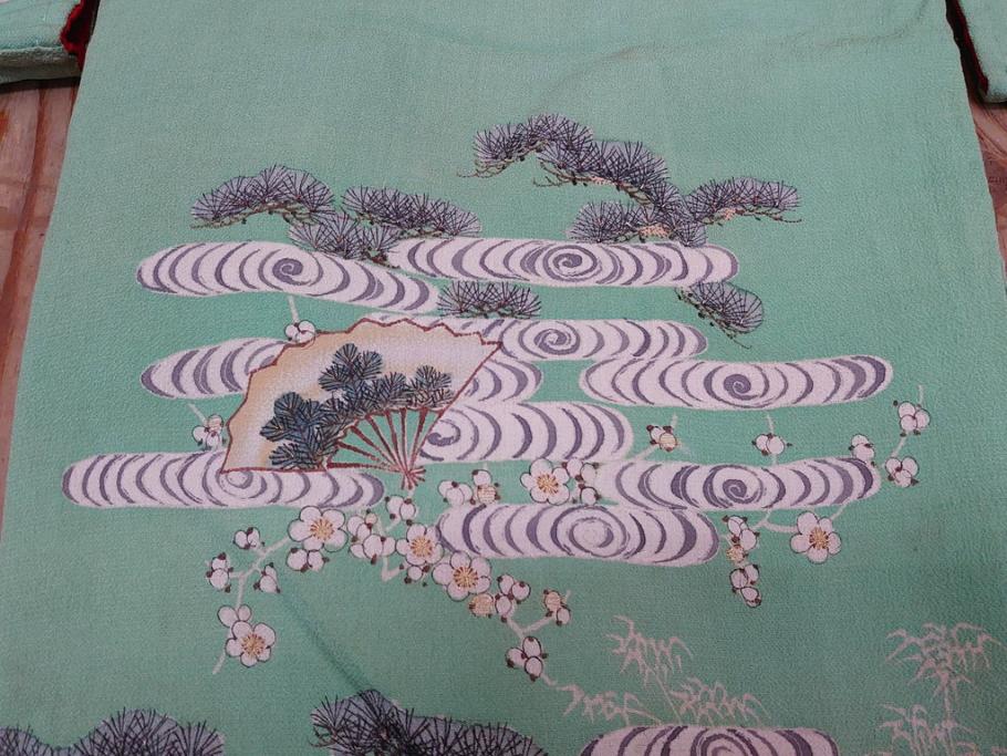 大正〜昭和初期　縮緬(ちりめん)　松竹梅　鶴　扇子　子供着物　振袖(子ども、古布、リメイク、衣装、Japanese KIMONO)(R-076755)
