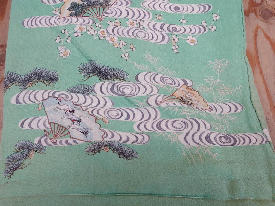 大正〜昭和初期　縮緬(ちりめん)　松竹梅　鶴　扇子　子供着物　振袖(子ども、古布、リメイク、衣装、Japanese KIMONO)(R-076755)