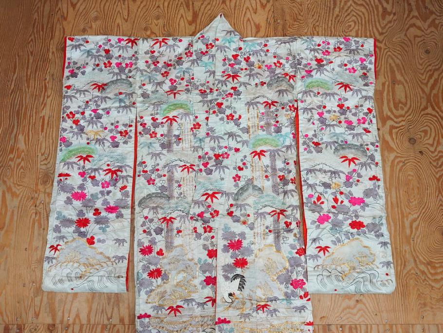 明治～大正　正絹　刺繍　鶴亀　松竹梅　振袖　着物　打掛(古布、リメイク、衣装、Japanese KIMONO)(R-076756)