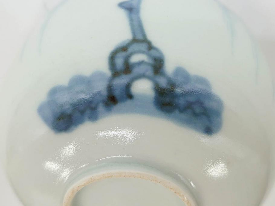 江戸期　古伊万里　染付　柳文が目を引く湯呑み2客セット(湯のみ、ぐい呑み、煎茶、茶器、和食器)(R-083129)