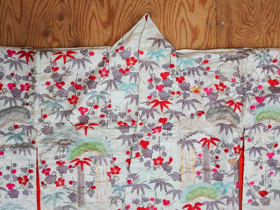 明治～大正　正絹　刺繍　鶴亀　松竹梅　振袖　着物　打掛(古布、リメイク、衣装、Japanese KIMONO)(R-076756)