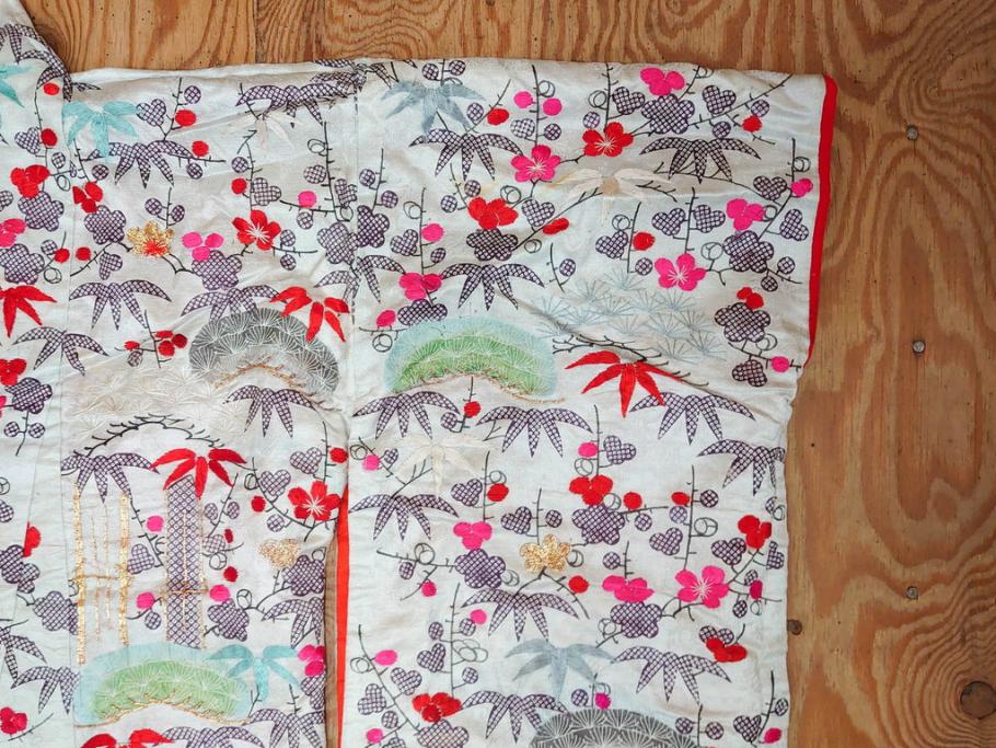 明治～大正　正絹　刺繍　鶴亀　松竹梅　振袖　着物　打掛(古布、リメイク、衣装、Japanese KIMONO)(R-076756)