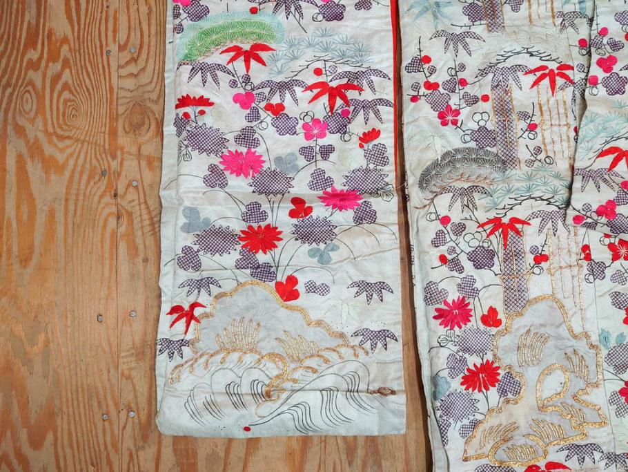 明治～大正　正絹　刺繍　鶴亀　松竹梅　振袖　着物　打掛(古布、リメイク、衣装、Japanese KIMONO)(R-076756)