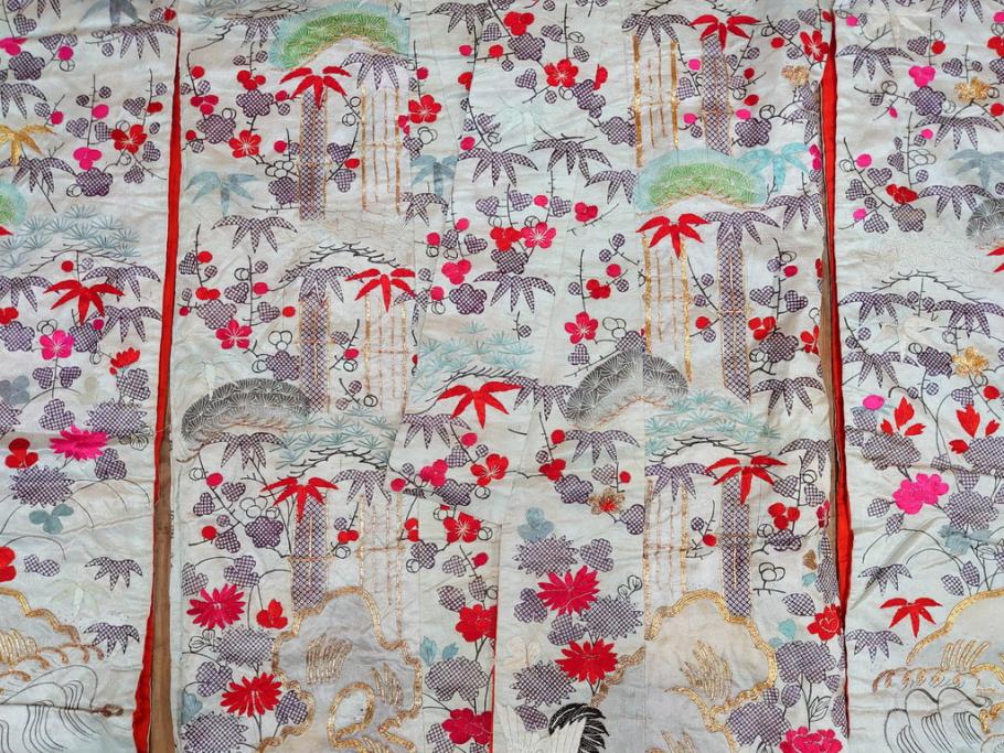 明治～大正　正絹　刺繍　鶴亀　松竹梅　振袖　着物　打掛(古布、リメイク、衣装、Japanese KIMONO)(R-076756)
