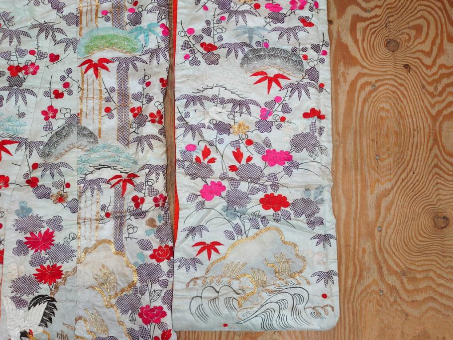 明治～大正　正絹　刺繍　鶴亀　松竹梅　振袖　着物　打掛(古布、リメイク、衣装、Japanese KIMONO)(R-076756)