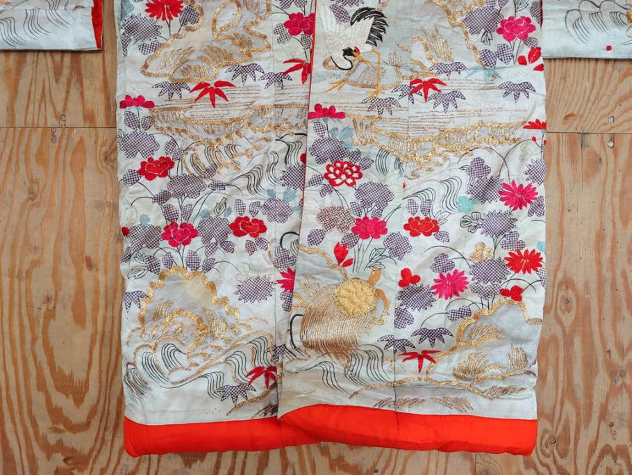 明治～大正　正絹　刺繍　鶴亀　松竹梅　振袖　着物　打掛(古布、リメイク、衣装、Japanese KIMONO)(R-076756)