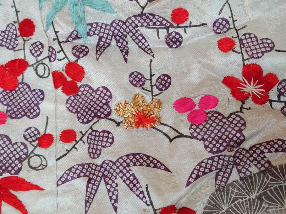 明治～大正　正絹　刺繍　鶴亀　松竹梅　振袖　着物　打掛(古布、リメイク、衣装、Japanese KIMONO)(R-076756)