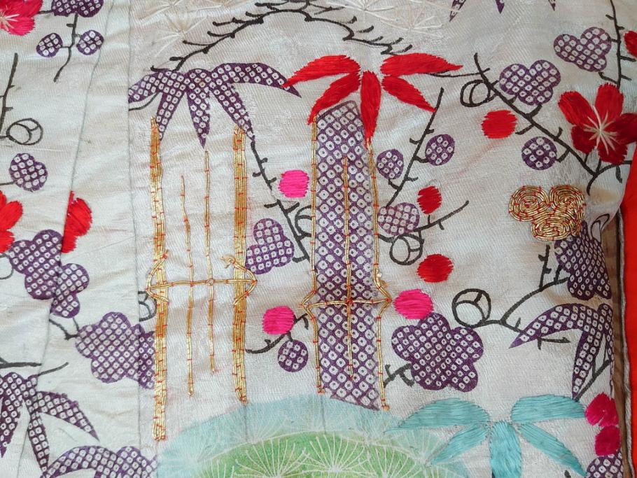 明治～大正　正絹　刺繍　鶴亀　松竹梅　振袖　着物　打掛(古布、リメイク、衣装、Japanese KIMONO)(R-076756)