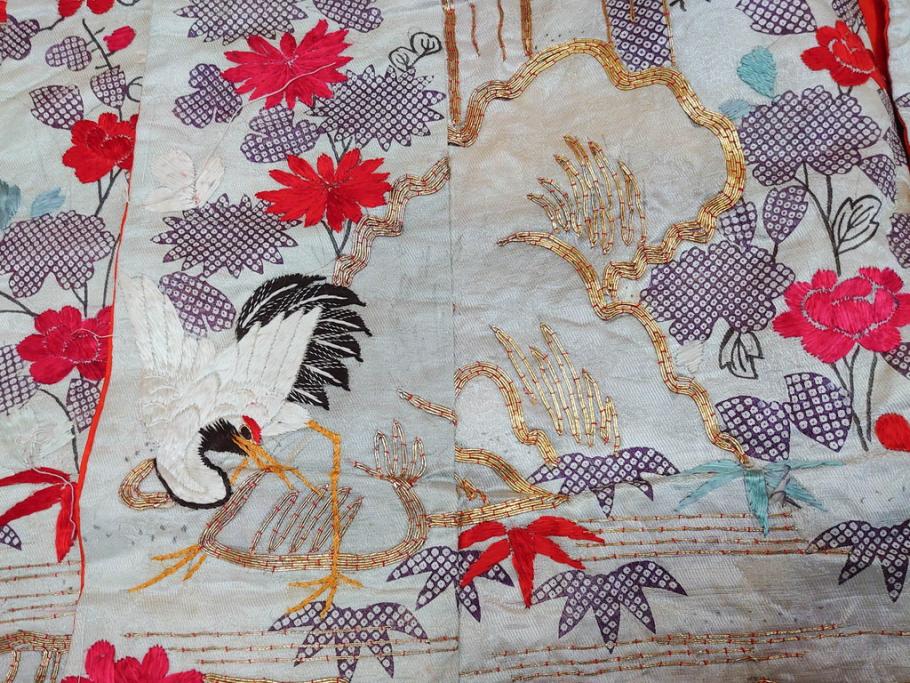 明治～大正　正絹　刺繍　鶴亀　松竹梅　振袖　着物　打掛(古布、リメイク、衣装、Japanese KIMONO)(R-076756)
