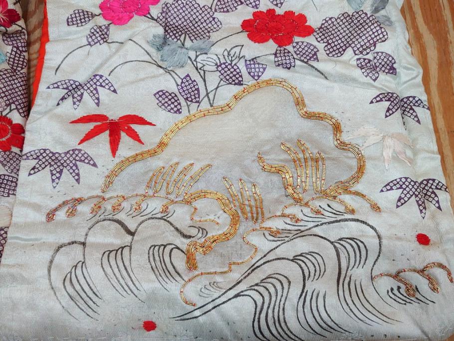 明治～大正　正絹　刺繍　鶴亀　松竹梅　振袖　着物　打掛(古布、リメイク、衣装、Japanese KIMONO)(R-076756)