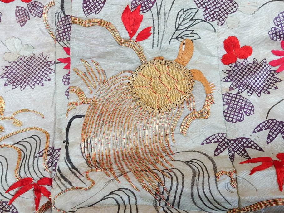 明治～大正　正絹　刺繍　鶴亀　松竹梅　振袖　着物　打掛(古布、リメイク、衣装、Japanese KIMONO)(R-076756)