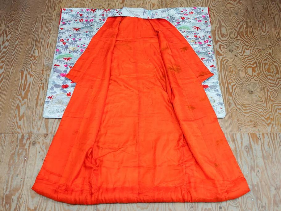 明治～大正　正絹　刺繍　鶴亀　松竹梅　振袖　着物　打掛(古布、リメイク、衣装、Japanese KIMONO)(R-076756)