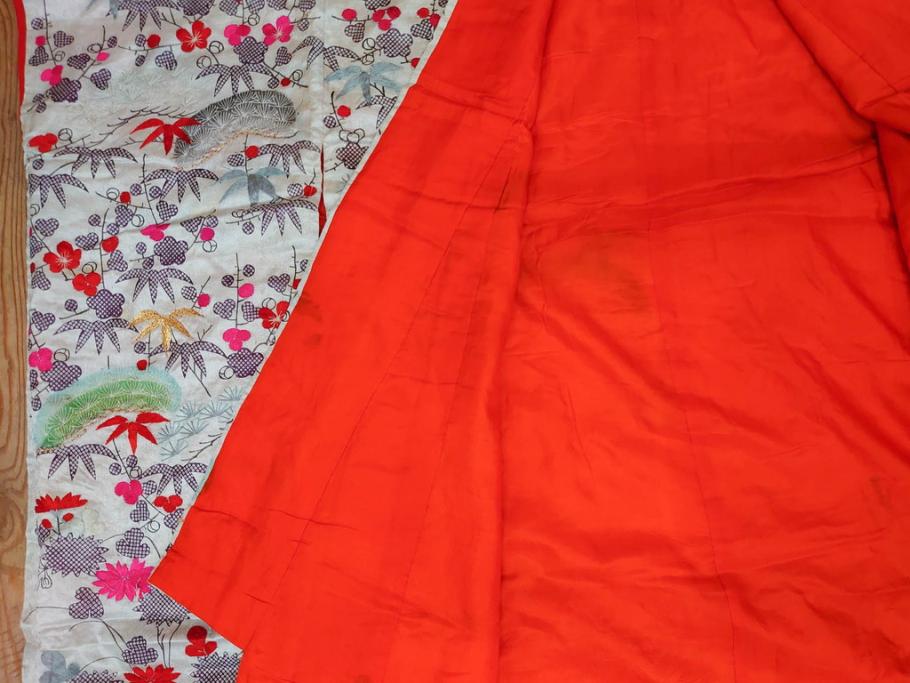 明治～大正　正絹　刺繍　鶴亀　松竹梅　振袖　着物　打掛(古布、リメイク、衣装、Japanese KIMONO)(R-076756)