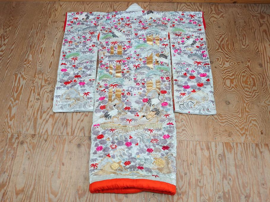 明治～大正　正絹　刺繍　鶴亀　松竹梅　振袖　着物　打掛(古布、リメイク、衣装、Japanese KIMONO)(R-076756)