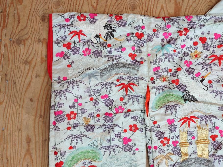明治～大正　正絹　刺繍　鶴亀　松竹梅　振袖　着物　打掛(古布、リメイク、衣装、Japanese KIMONO)(R-076756)
