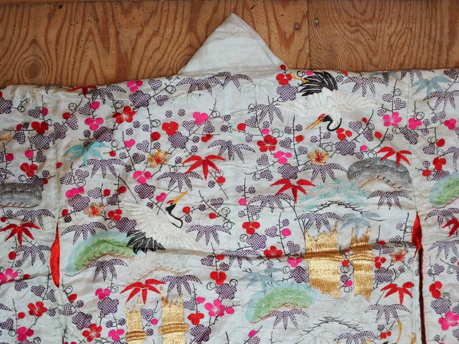 明治～大正　正絹　刺繍　鶴亀　松竹梅　振袖　着物　打掛(古布、リメイク、衣装、Japanese KIMONO)(R-076756)