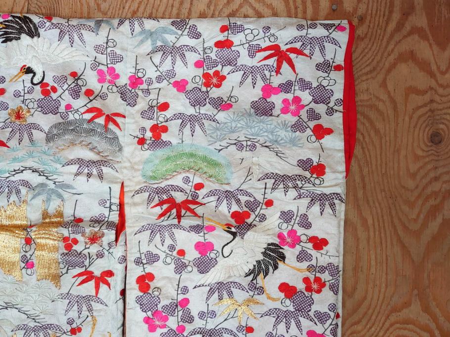 明治～大正　正絹　刺繍　鶴亀　松竹梅　振袖　着物　打掛(古布、リメイク、衣装、Japanese KIMONO)(R-076756)