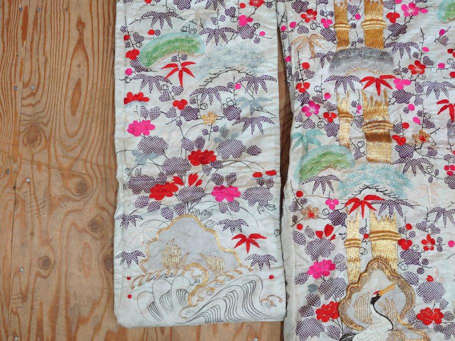 明治～大正　正絹　刺繍　鶴亀　松竹梅　振袖　着物　打掛(古布、リメイク、衣装、Japanese KIMONO)(R-076756)