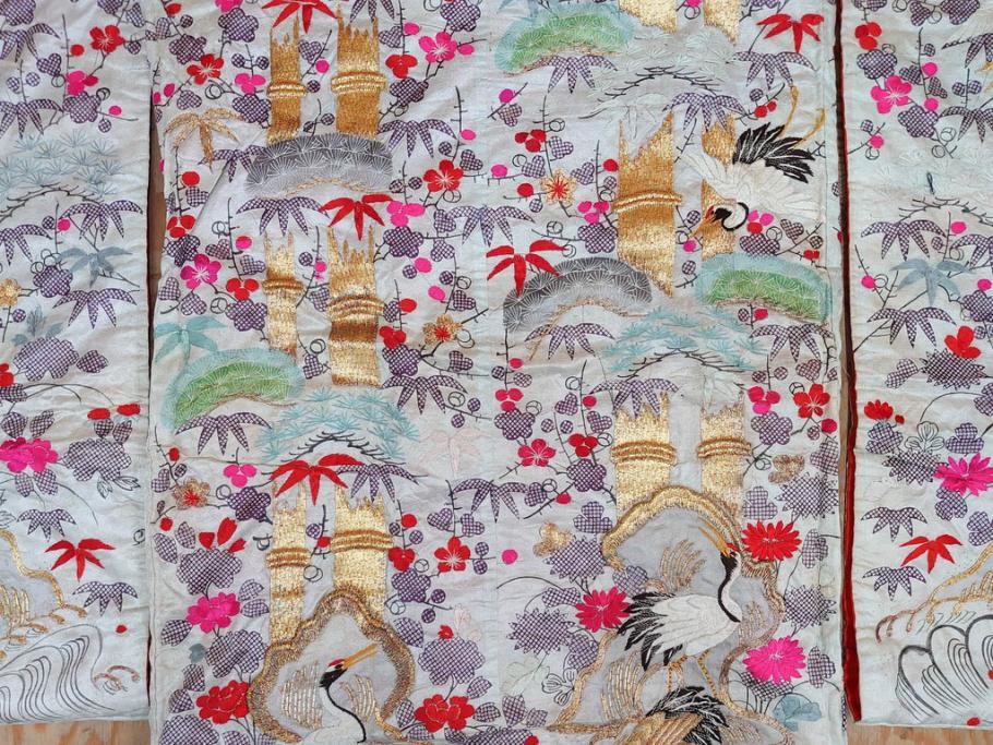 明治～大正　正絹　刺繍　鶴亀　松竹梅　振袖　着物　打掛(古布、リメイク、衣装、Japanese KIMONO)(R-076756)