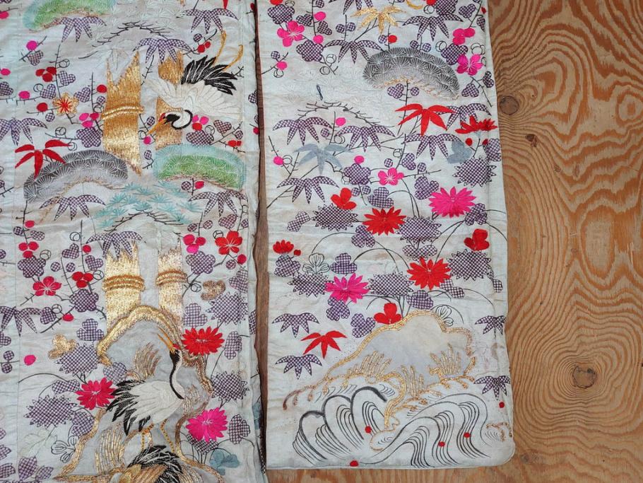 明治～大正　正絹　刺繍　鶴亀　松竹梅　振袖　着物　打掛(古布、リメイク、衣装、Japanese KIMONO)(R-076756)
