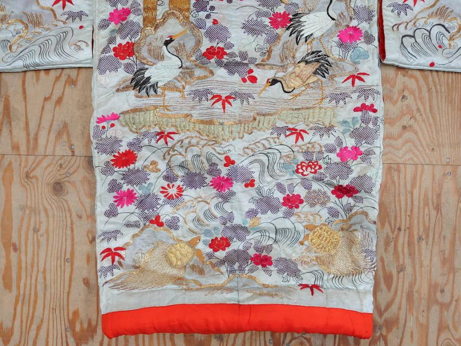 明治～大正　正絹　刺繍　鶴亀　松竹梅　振袖　着物　打掛(古布、リメイク、衣装、Japanese KIMONO)(R-076756)