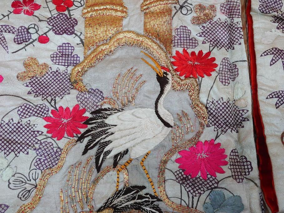 明治～大正　正絹　刺繍　鶴亀　松竹梅　振袖　着物　打掛(古布、リメイク、衣装、Japanese KIMONO)(R-076756)