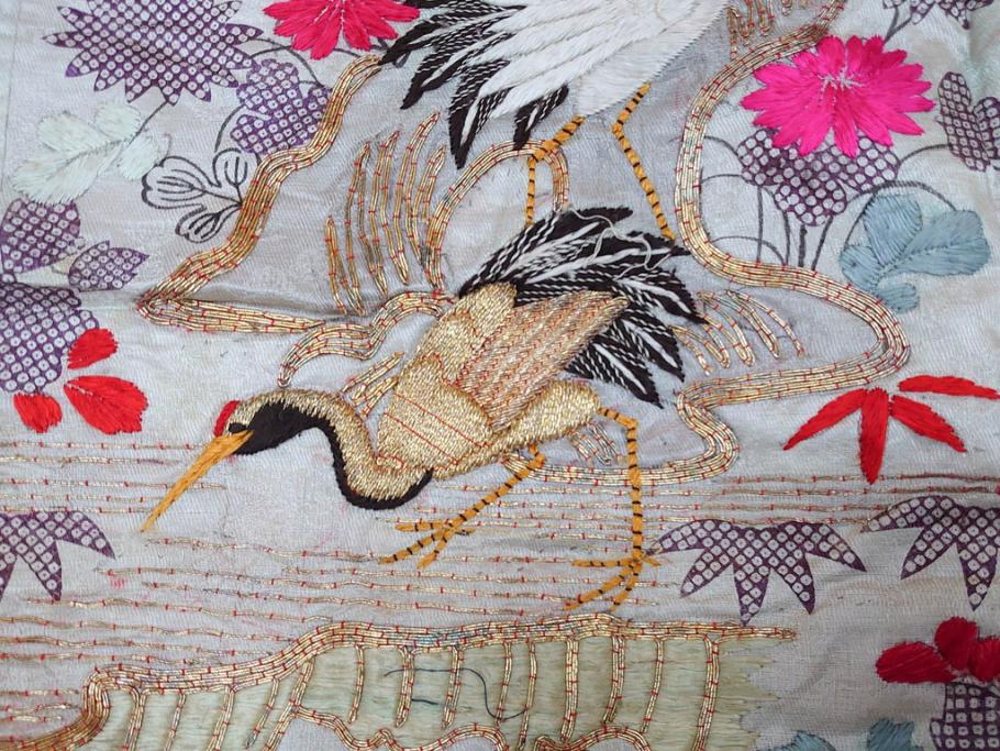 明治～大正　正絹　刺繍　鶴亀　松竹梅　振袖　着物　打掛(古布、リメイク、衣装、Japanese KIMONO)(R-076756)