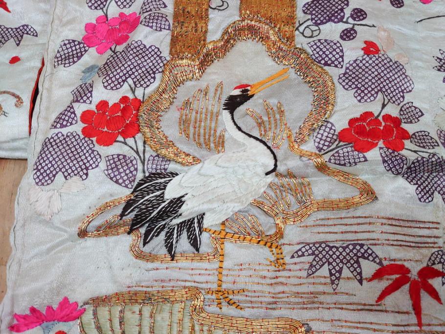 明治～大正　正絹　刺繍　鶴亀　松竹梅　振袖　着物　打掛(古布、リメイク、衣装、Japanese KIMONO)(R-076756)