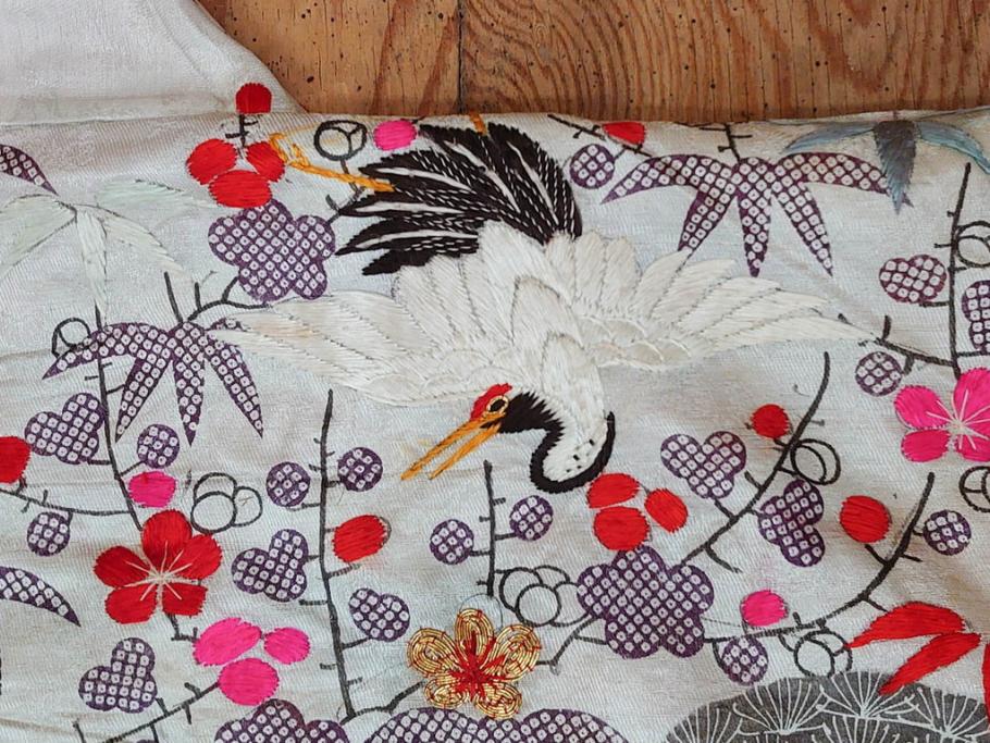 明治～大正　正絹　刺繍　鶴亀　松竹梅　振袖　着物　打掛(古布、リメイク、衣装、Japanese KIMONO)(R-076756)