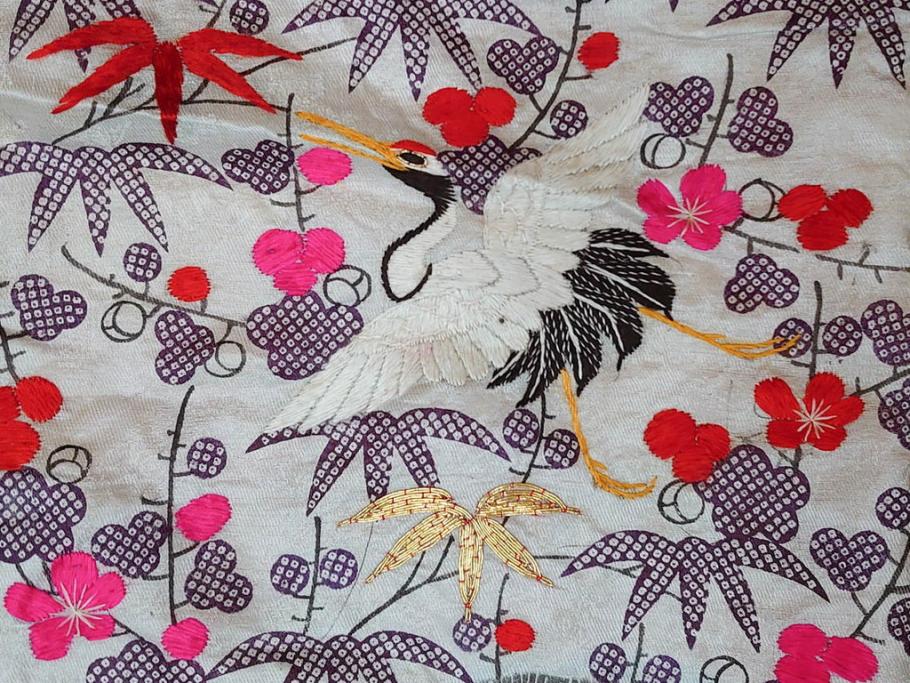 明治～大正　正絹　刺繍　鶴亀　松竹梅　振袖　着物　打掛(古布、リメイク、衣装、Japanese KIMONO)(R-076756)