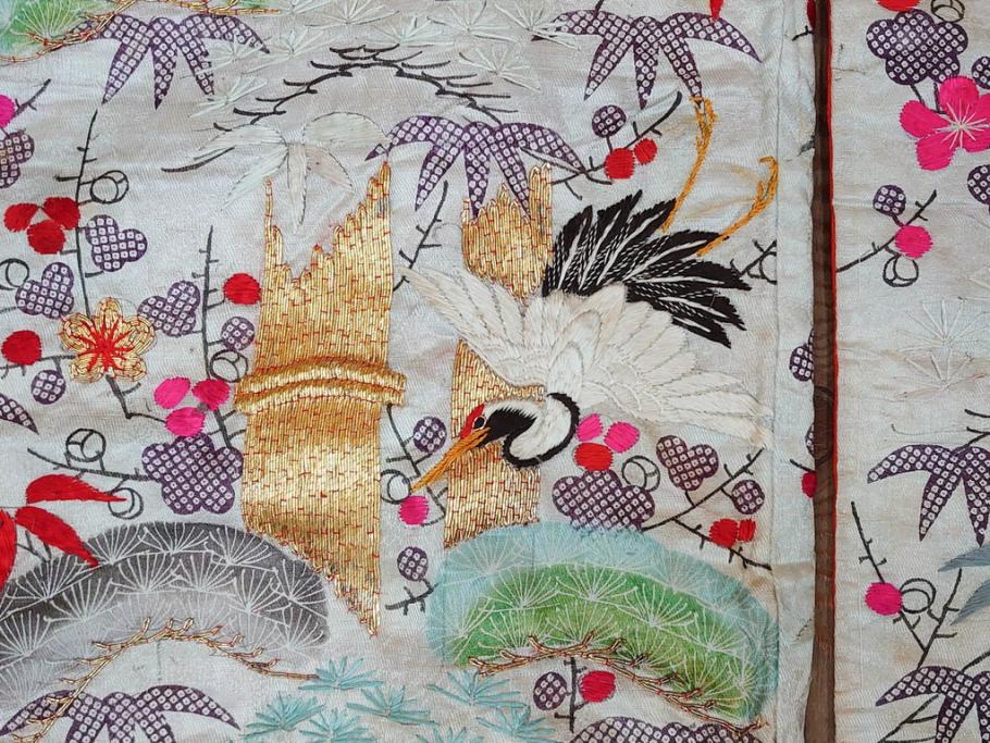 明治～大正　正絹　刺繍　鶴亀　松竹梅　振袖　着物　打掛(古布、リメイク、衣装、Japanese KIMONO)(R-076756)