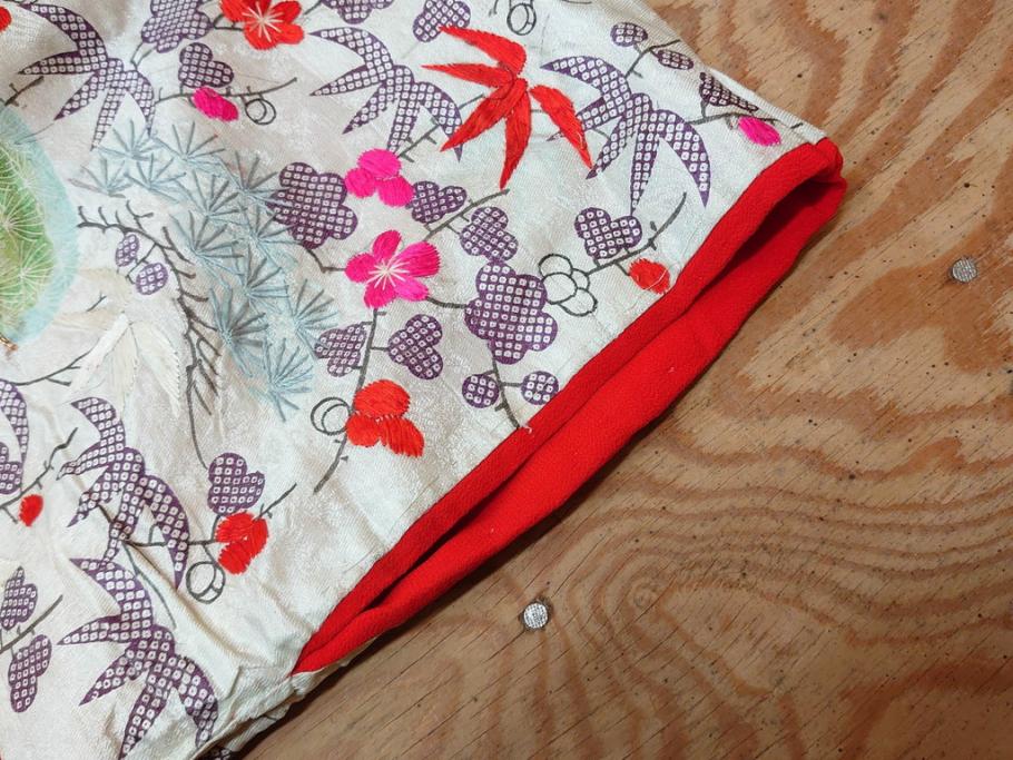 明治～大正　正絹　刺繍　鶴亀　松竹梅　振袖　着物　打掛(古布、リメイク、衣装、Japanese KIMONO)(R-076756)