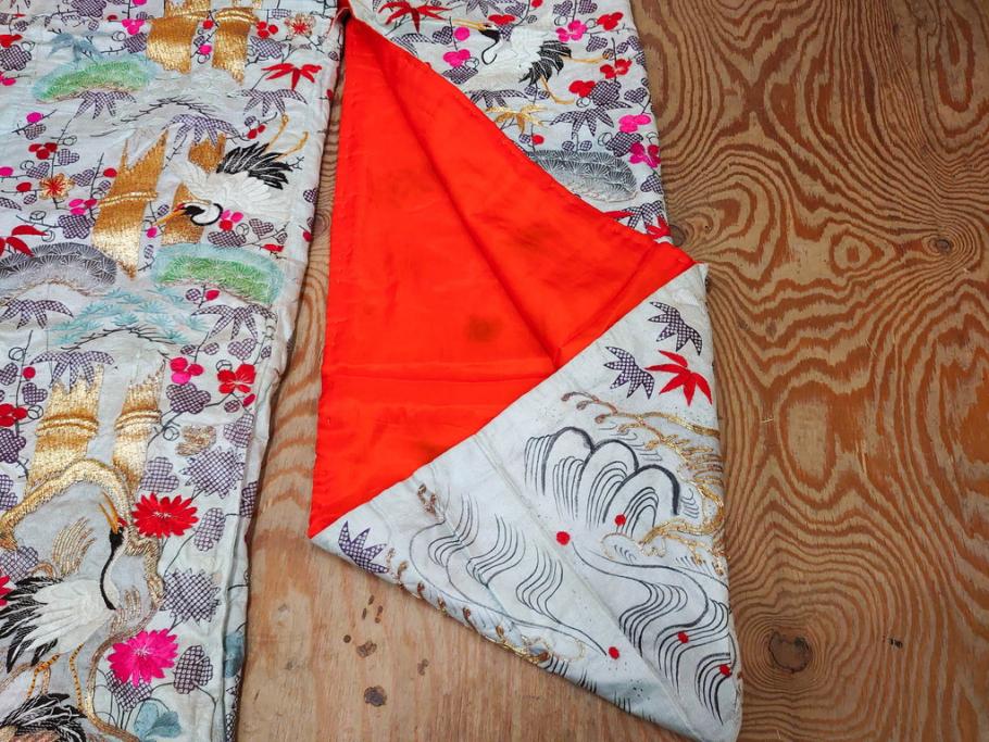 明治～大正　正絹　刺繍　鶴亀　松竹梅　振袖　着物　打掛(古布、リメイク、衣装、Japanese KIMONO)(R-076756)