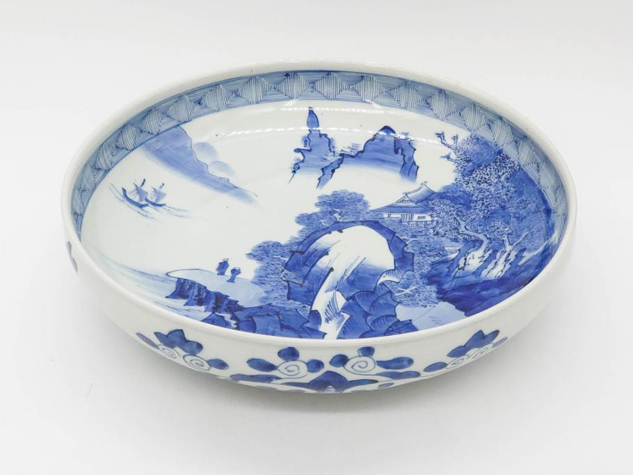 江戸期　古伊万里　染付　約33cm　1尺　大皿　緻密に描かれた山水図が見事な大鉢(深鉢、和皿、和食器、一尺)(R-083130)