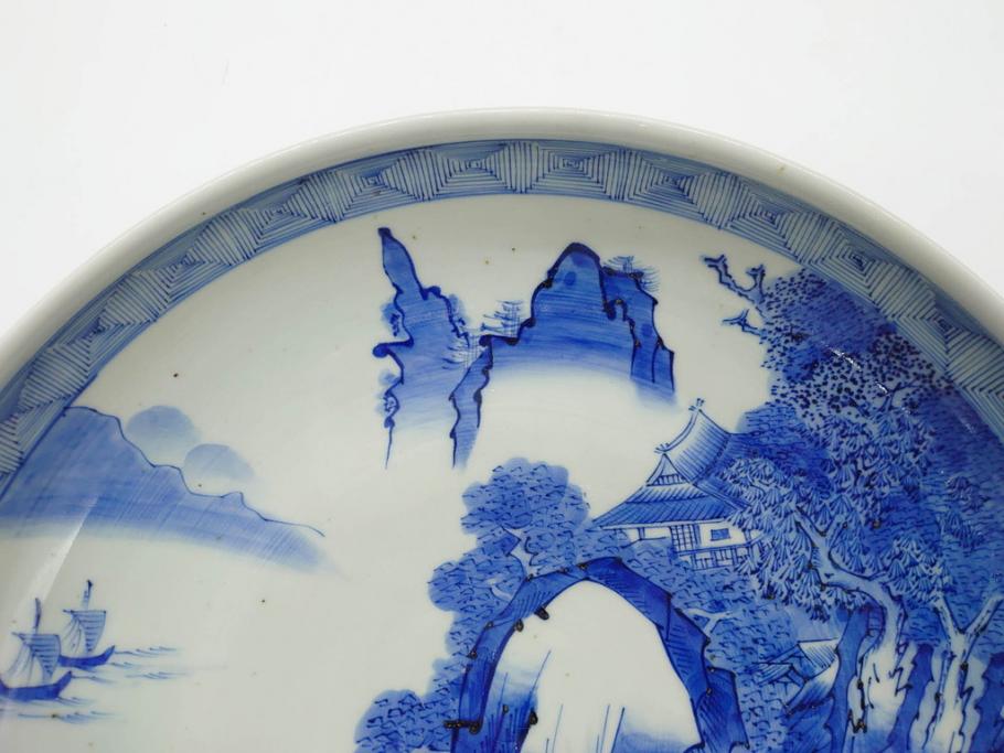 江戸期　古伊万里　染付　約33cm　1尺　大皿　緻密に描かれた山水図が見事な大鉢(深鉢、和皿、和食器、一尺)(R-083130)
