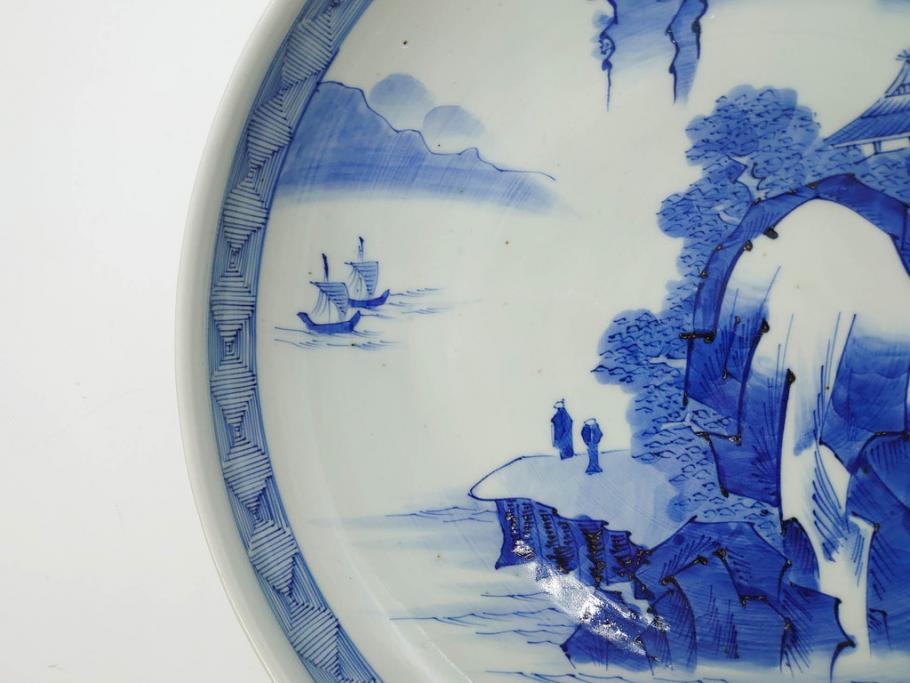 江戸期　古伊万里　染付　約33cm　1尺　大皿　緻密に描かれた山水図が見事な大鉢(深鉢、和皿、和食器、一尺)(R-083130)