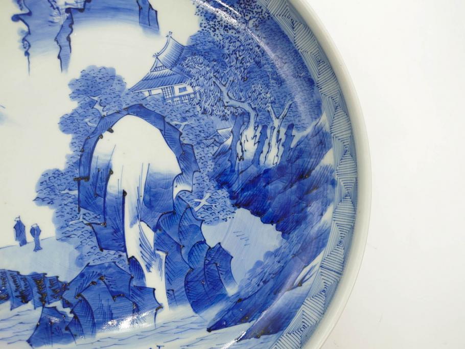 江戸期　古伊万里　染付　約33cm　1尺　大皿　緻密に描かれた山水図が見事な大鉢(深鉢、和皿、和食器、一尺)(R-083130)