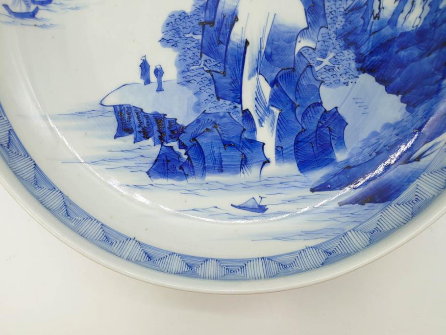 江戸期　古伊万里　染付　約33cm　1尺　大皿　緻密に描かれた山水図が見事な大鉢(深鉢、和皿、和食器、一尺)(R-083130)