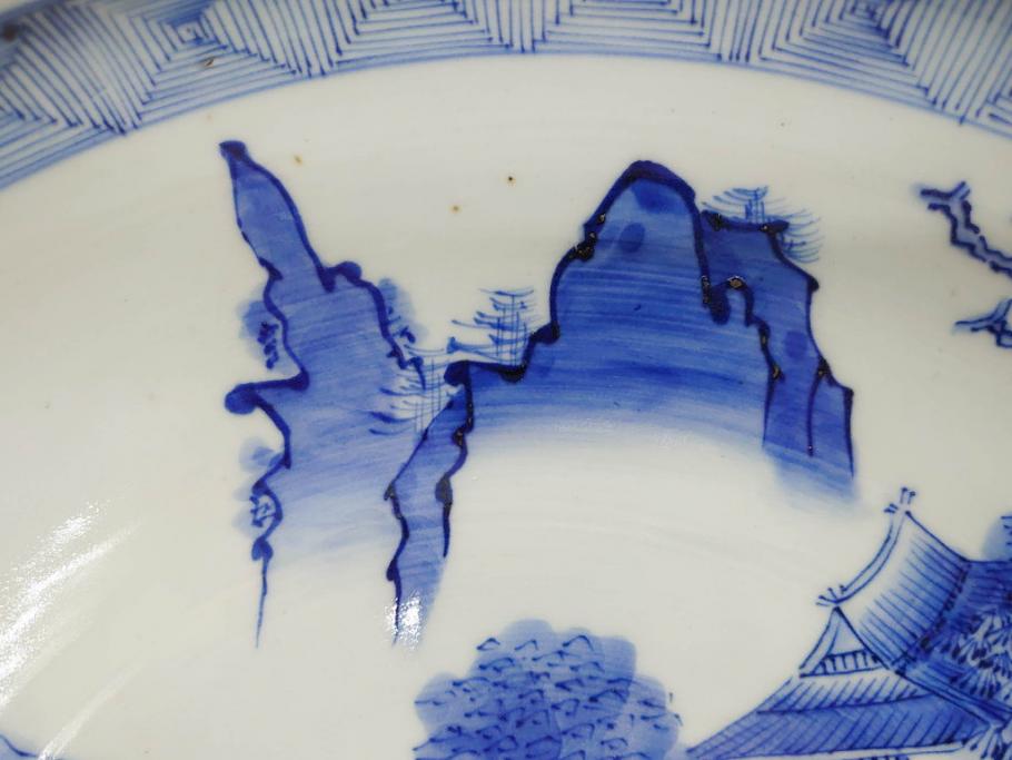 江戸期　古伊万里　染付　約33cm　1尺　大皿　緻密に描かれた山水図が見事な大鉢(深鉢、和皿、和食器、一尺)(R-083130)