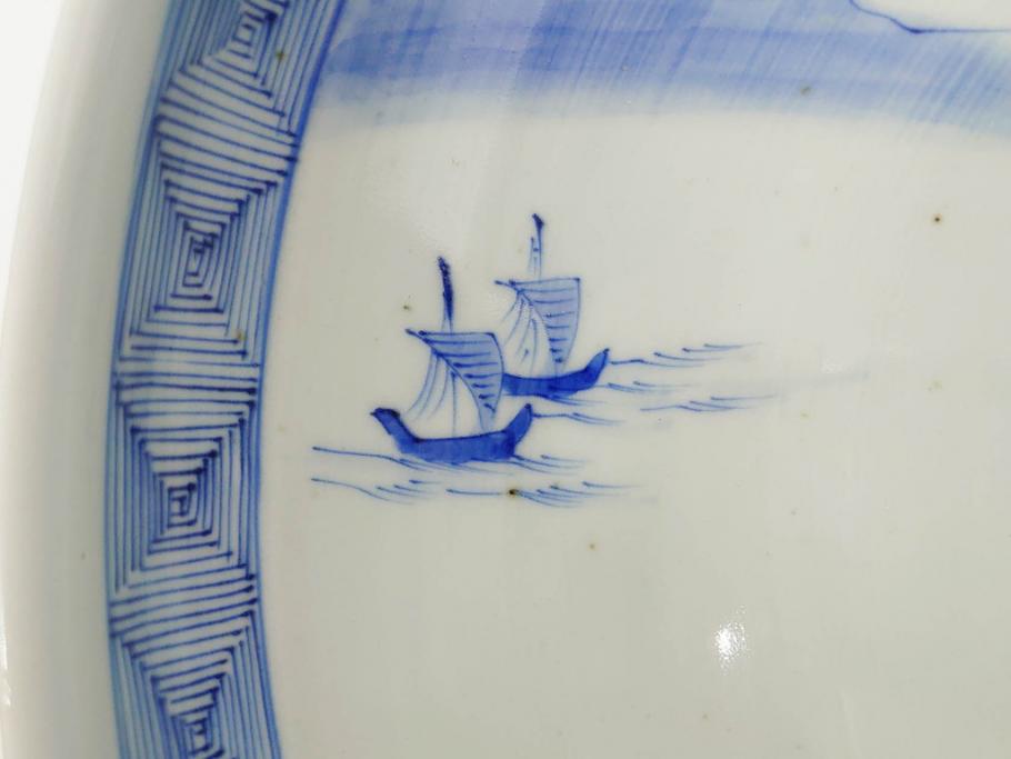江戸期　古伊万里　染付　約33cm　1尺　大皿　緻密に描かれた山水図が見事な大鉢(深鉢、和皿、和食器、一尺)(R-083130)