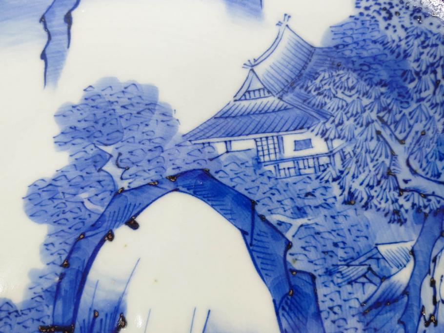 江戸期　古伊万里　染付　約33cm　1尺　大皿　緻密に描かれた山水図が見事な大鉢(深鉢、和皿、和食器、一尺)(R-083130)