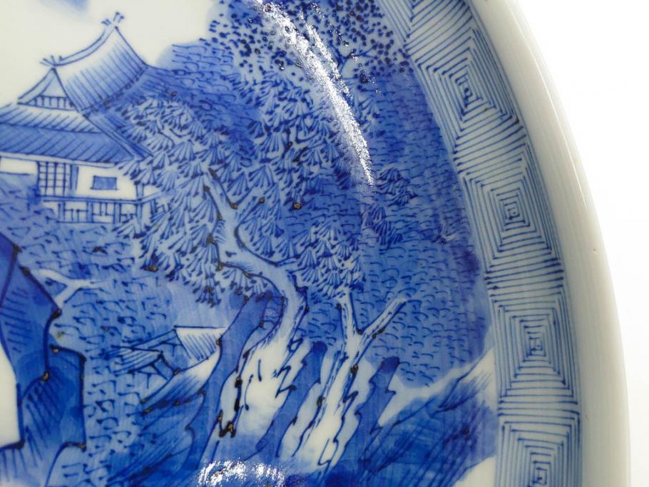 江戸期　古伊万里　染付　約33cm　1尺　大皿　緻密に描かれた山水図が見事な大鉢(深鉢、和皿、和食器、一尺)(R-083130)