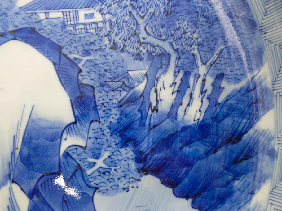江戸期　古伊万里　染付　約33cm　1尺　大皿　緻密に描かれた山水図が見事な大鉢(深鉢、和皿、和食器、一尺)(R-083130)