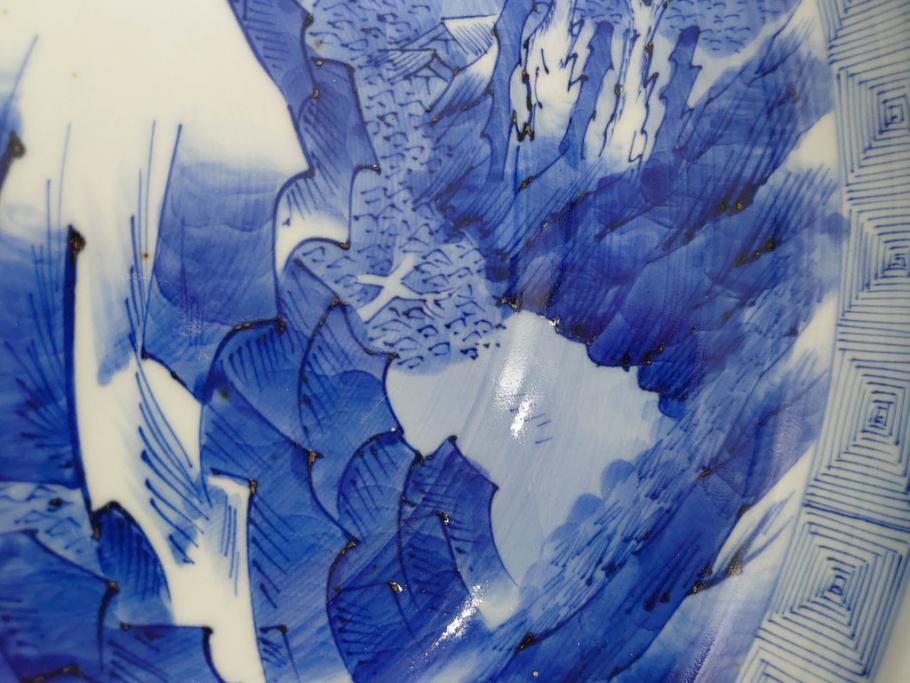 江戸期　古伊万里　染付　約33cm　1尺　大皿　緻密に描かれた山水図が見事な大鉢(深鉢、和皿、和食器、一尺)(R-083130)