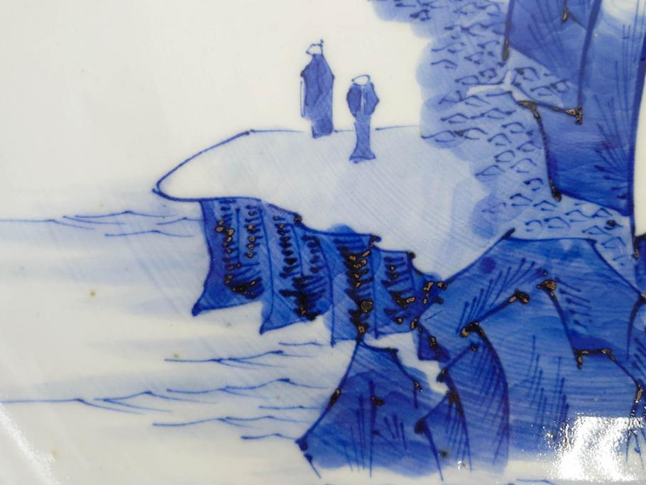 江戸期　古伊万里　染付　約33cm　1尺　大皿　緻密に描かれた山水図が見事な大鉢(深鉢、和皿、和食器、一尺)(R-083130)
