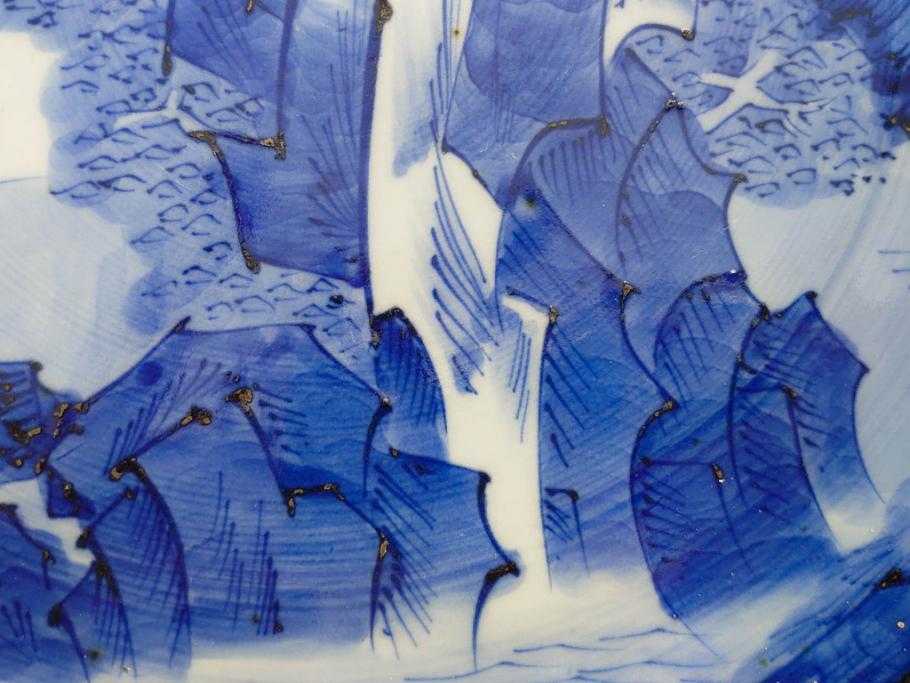 江戸期　古伊万里　染付　約33cm　1尺　大皿　緻密に描かれた山水図が見事な大鉢(深鉢、和皿、和食器、一尺)(R-083130)